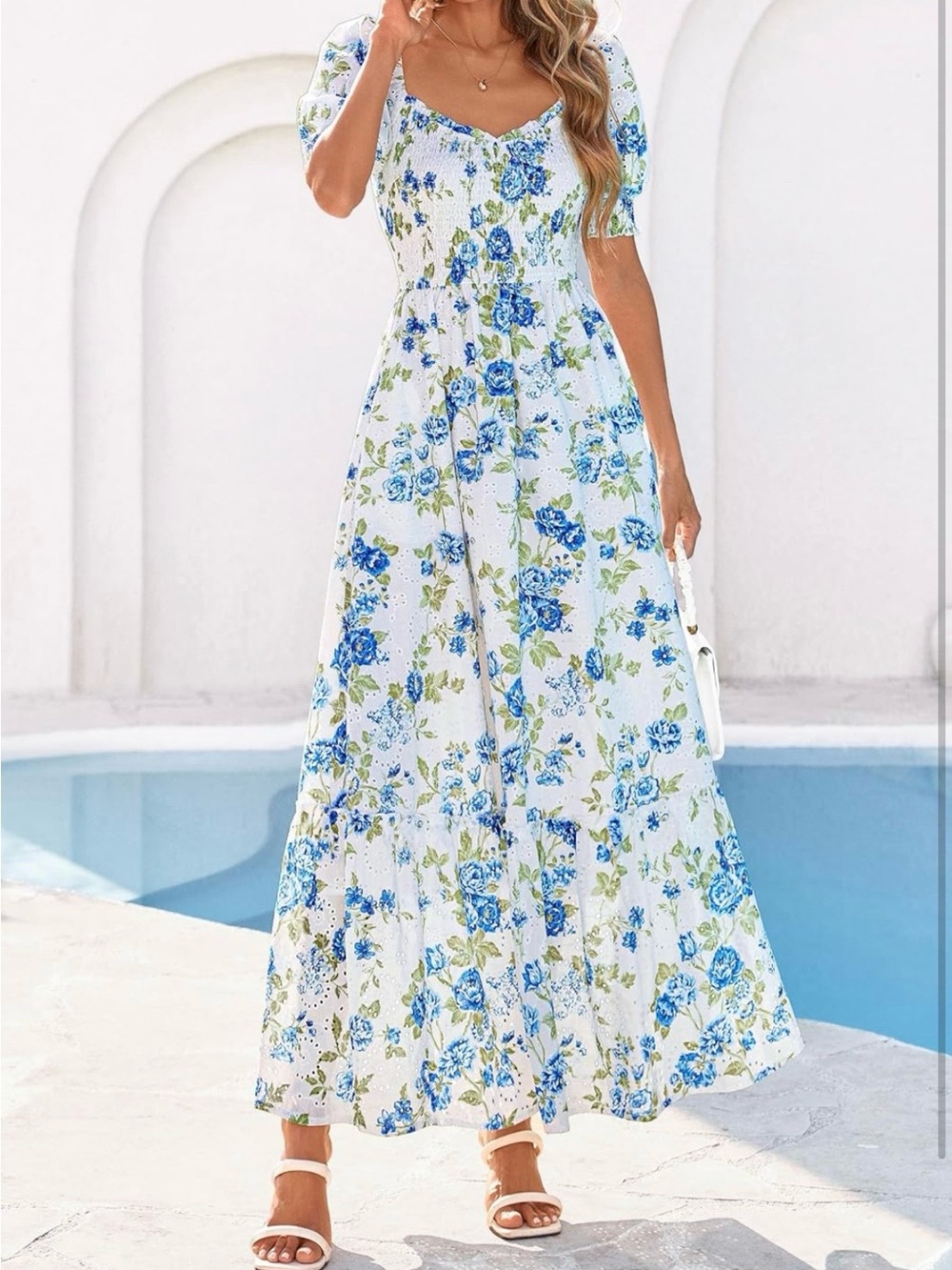 #79 Pretty Garden Blue Floral Puff-Sleeve Maxi Dress A Line Smocked Eyelet - Picture 3 of 11